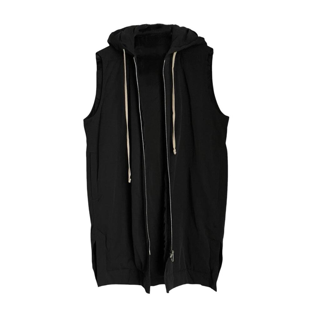Rick Owens "SPHINX" black elongated light quilted zip-up hoodie vest with hood